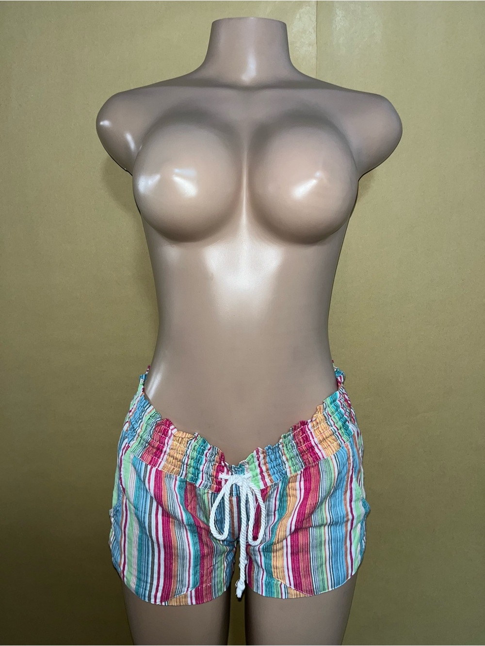 Roxy Multicolor Striped Drawstring Lounge Shorts - Pink Blue Yellow Green White